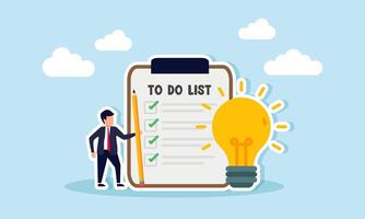 A businessman holding a pencil stands next to a work list and a light bulb, illustrating the step-by-step planning for innovative business ideas to advance the company. vector
