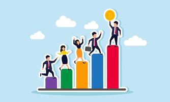 A group of businesspeople stands on different sections of a chart, with the highest one holding a bitcoin, an illustration of competition among individuals to acquire more bitcoin assets. vector
