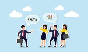 A businessman explains the target market to employees, who understand it as market segmentation, illustrating training on market segmentation for staff. vector