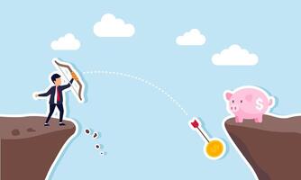 A businessman shoots an arrow at a piggy bank with a dollar coin, aiming for a cliff but missing, illustrating a miscalculation in investment. vector