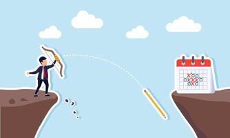 A businessman aims a pencil arrow at a schedule calendar but misses as it falls into a chasm, illustrating how project timelines can go off track. vector