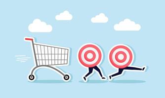 A shopping cart chasing a group of running target boards, an illustration of the demand on employees to meet the targets set by the company. vector