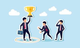 A businessman inside a circle holding a trophy while others try to approach, an illustration of the exclusivity of a successful businessman. vector