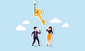 A businessman and businesswoman talking with a hook catching a key, an illustration of discussing solutions to a business problem. vector