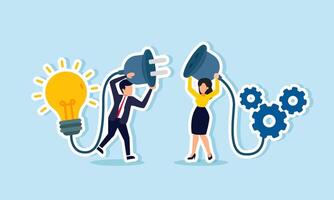 A businessman holding a light plug tries to connect it to a gear machine socket, illustrating teamwork or a sharing session with partners for company performance innovation. vector