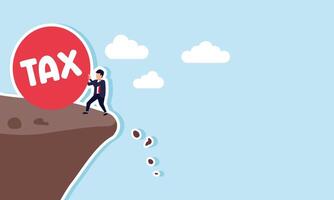 A businessman holds a rolling TAX ball on the edge of a cliff, an illustration of the need to recalculate taxes imposed on the business. vector