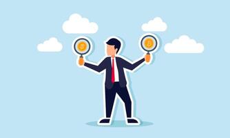 A businessman carrying two boards with dollar coins and bitcoin, an illustration of the decision a businessman must make between choosing dollar or bitcoin as currency. vector