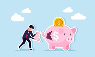 A sad and disappointed businessman carrying broken pieces of a piggy bank, an illustration of a failed investment strategy or the loss of an investment asset due to fraud or other issues. vector