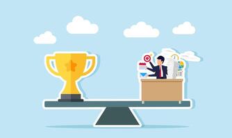 A multitasking employee is on a seesaw with a trophy on the other side, illustrating the recognition given to disciplined and efficient workers. vector