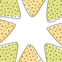 Outline Spinach and corn Mexican Nachos Square frame with spots in trendy soft green and yellow. Lettering Template. Isolated illustration Decorative background texture Cards, posters, leaflets vector