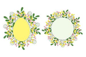 Egg shape and circle decorative frame with blossom twigs and leaves in trendy spring hues. Copy space. Easter greeting design template. Isolated illustration Cards, poster, banner or web promo vector