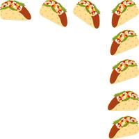 Tacos with fresh salad and sauces. Top corner frame border. Taco Day greeting template. Copy space. Isolated illustration Lettering cards, poster, leaflet, banner, greeting, price, label or web vector