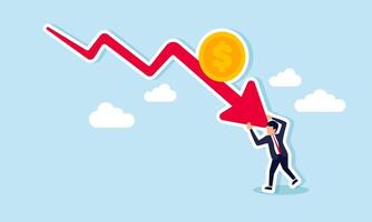 A businessman holding back a red arrow with a dollar coin, illustrating the saturation point of dollar valuation or efforts to prevent the dollar trend from becoming too negative. vector