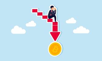 A sad and disappointed businessman sitting on a downward red graph pointing to a bitcoin, illustrating how business losses lead to a decrease in bitcoin valuation. vector