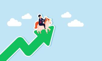 A businessman at the tip of a green chart riding a unicorn, illustrating the valuation of a unicorn startup in a positive trend. vector