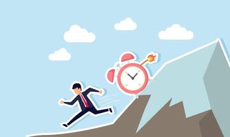 A businessman chased by a burning fuse alarm clock while descending a mountain, illustrating the urgency to achive a project deadline. vector