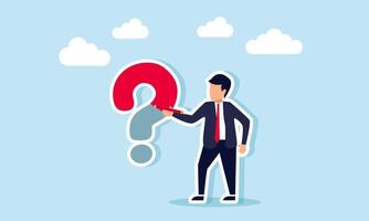 A businessman holding a pencil writing a question mark, an illustration of a major question arising from a business issue being faced vector