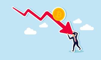 A businessman holding back a red arrow with a bitcoin, illustrating the saturation point of bitcoin valuation or efforts to prevent the bitcoin trend from becoming too negative. vector