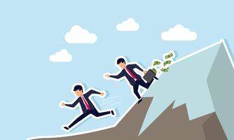 A businessman carrying a suitcase full of money chasing another businessman down a mountain, illustrating evasion from corruption or bribery cases to secure a project. vector