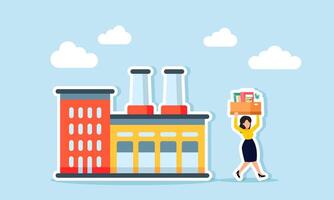 An employee carrying an office box walking away from a factory, illustrating an employee resigning from the factory where they work. vector