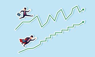 A businessman moves on a fluctuating graph while a super businessman moves on a relatively flat graph, illustrating the performance gap between top and average employees vector