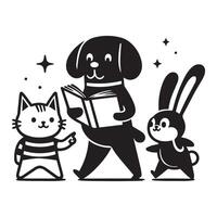 A black and white illustration featuring three animal, cat, dog, rabbit, walking, with one of them pointing at a book. Flat design, minimalist, cute vector
