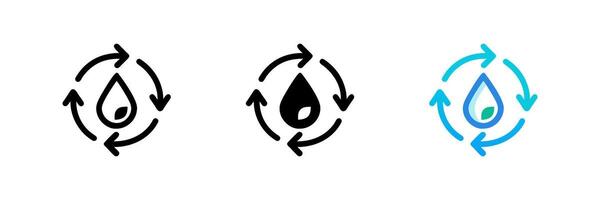 Recycle water icon set. Water drop with 4 sync arrows. Planet bio protection circle flat design vector