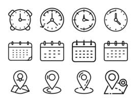 Time, date and address line icon set. Clock, calendar, location pin. illustration. vector