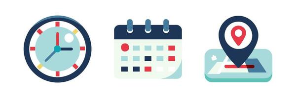 Time, date and address icon set. Clock, calendar, location pin. illustration. vector