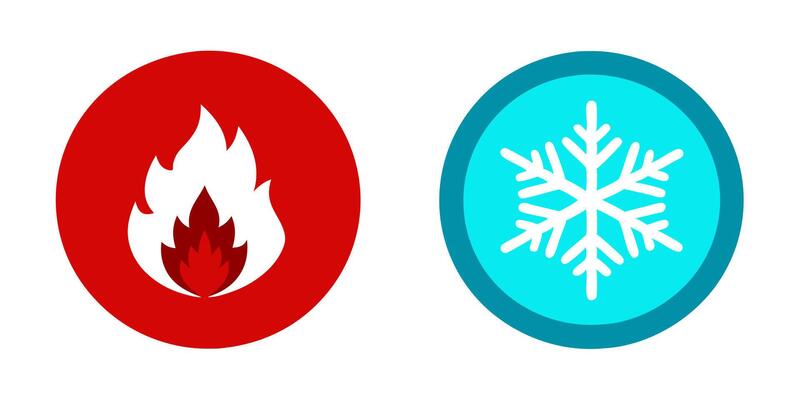 Hot and cold icon. Fire and snowflake sign. Heating and cooling button.