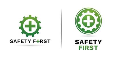 two models concepts Safety first icon Gear and plus signs green colors isolated on white backgrounds for label products company or corporate, User interface design, collages, decks and layout template vector