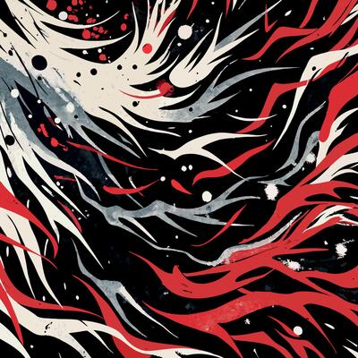 A black and red abstract painting with swirls