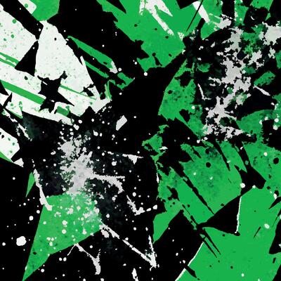 Abstract green and black paint splatters on a black background