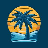 Palm tree with wave and sunset illustration vector