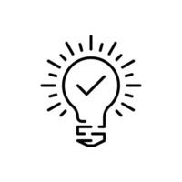 black bulb with checkmark like quick tip icon. flat stroke linear simple trend modern efficiency logotype design element isolated on white. concept of visionary info pictogram or conclusion symbol vector
