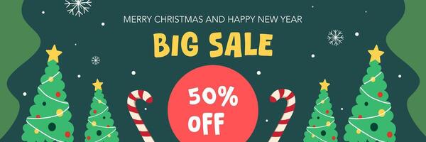 Merry Christmas and Happy New Year web sale banner with Christmas tree and candy on green background vector