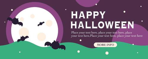 Halloween Promotion long horizontal website banner with cutest bats and moon in night clouds on violet black background vector
