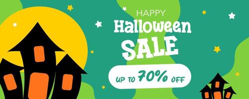 Halloween Sale Promotion banner with cutest moon and castles on green background vector