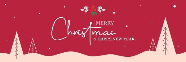 Merry Christmas and Happy New Year banner with triangle pattern, Christmas tree, and snow on red background vector