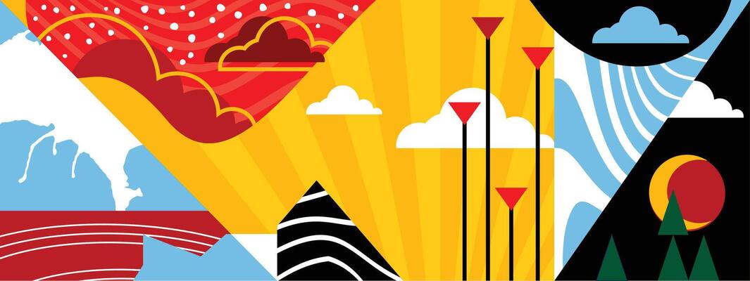 Retro colorful geometrical banner. Collage with simple shapes composition, design background. Art for banner, flyer, poster, cover.
