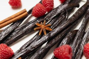 Vanilla beans with raspberries and star anise texture. photo