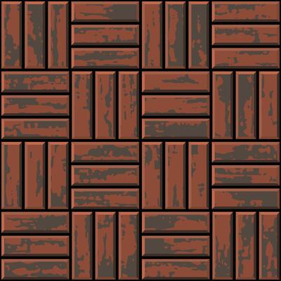 Red seamless pattern of paved floor. Garden mosaic texture in top view. Slab pavement. Coating with grunge textured paving tiles of square shape. Old stone brick surface