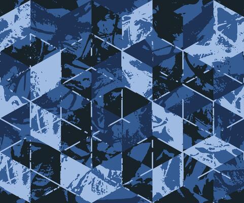 Grunge strokes geometrical cube camouflage print, modern fashion design. Paint hexagon camo military pattern. Army uniform. Blue sea shade color, fashionable, fabric. Seamless urban texture