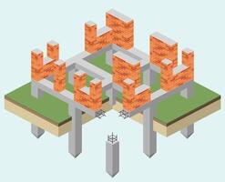 The foundation piles. Grillage sample scheme. Construction of building. Isometric view. Architectural blueprints and diagrams. Construction process vector