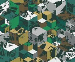 Grunge strokes geometrical cube camouflage print, modern fashion design. Paint hexagon camo military pattern. Army uniform. Green brown shade color, fashionable, fabric. Seamless urban texture vector