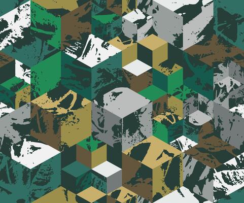 Grunge strokes geometrical cube camouflage print, modern fashion design. Paint hexagon camo military pattern. Army uniform. Green brown shade color, fashionable, fabric. Seamless urban texture