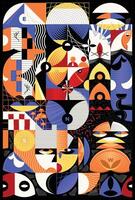 Digital mural collage, graphics pattern made with abstract forms and generative geometric shapes. Mosaic background in Bauhaus style. Useful for banner, cover, poster vector