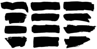 Hand made black paint brush spots, roll up lines, horizontal blobs. Brushstrokes and dashes. Ink smudge abstract shape stains and smear vector