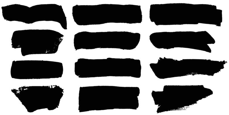 Hand made black paint brush spots, roll up lines, horizontal blobs. Brushstrokes and dashes. Ink smudge abstract shape stains and smear