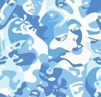 Abstract painting in cubism style. Graphic design poster with abstract form mask face characters. Modern art. Graffiti print in blue color. Cartoon seamless background vector